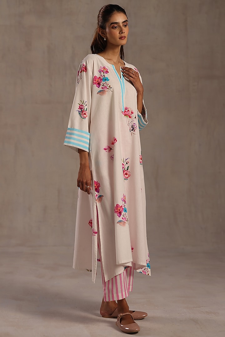 Ivory Linen Floral Printed Kurta Set by Roza Pret at Pernia's Pop Up Shop