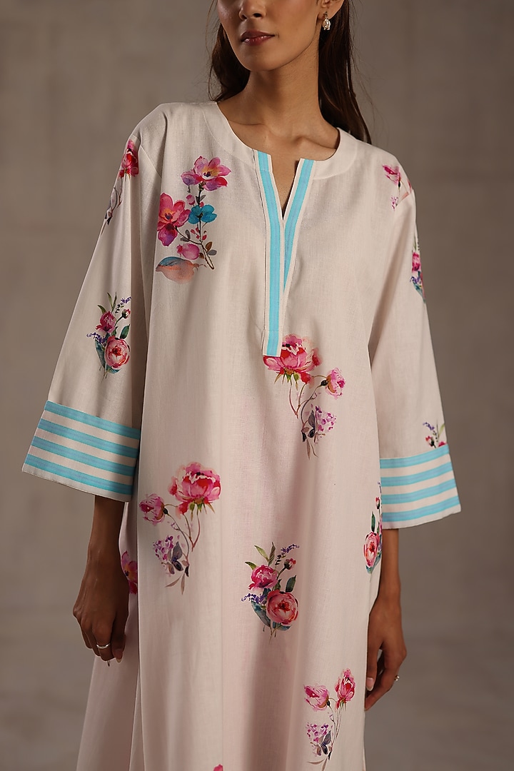 Ivory Linen Floral Printed Kurta Set by Roza Pret at Pernia's Pop Up Shop