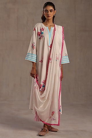 Ivory Chanderi Floral Printed Stole by Roza Pret
