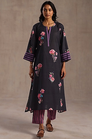 Charcoal Blue Linen Floral Printed Kurta Set by Roza Pret