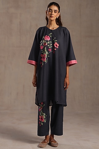 Deep Navy Linen Floral Printed Tunic Set by Roza Pret