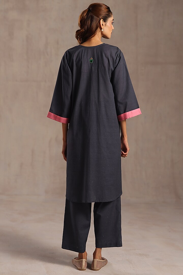 Deep Navy Linen Floral Printed Tunic Set by Roza Pret at Pernia's Pop Up Shop