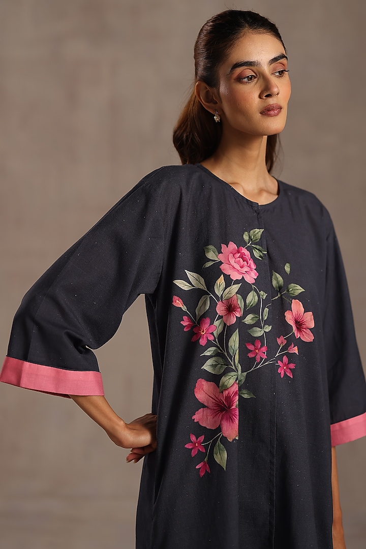 Deep Navy Linen Floral Printed Tunic Set by Roza Pret at Pernia's Pop Up Shop