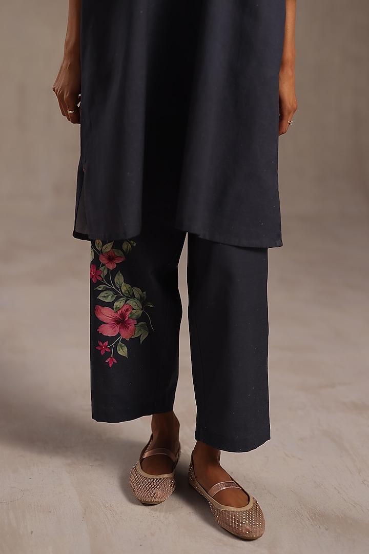 Deep Navy Linen Floral Printed Tunic Set by Roza Pret at Pernia's Pop Up Shop