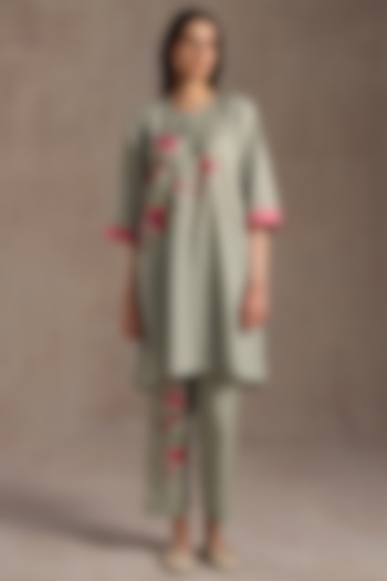 Sage Green Linen Floral Printed Tunic Set by Roza Pret at Pernia's Pop Up Shop