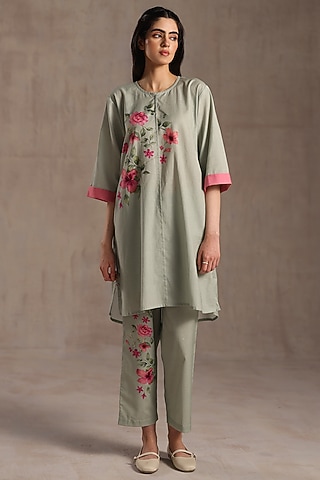 Sage Green Linen Floral Printed Tunic Set by Roza Pret