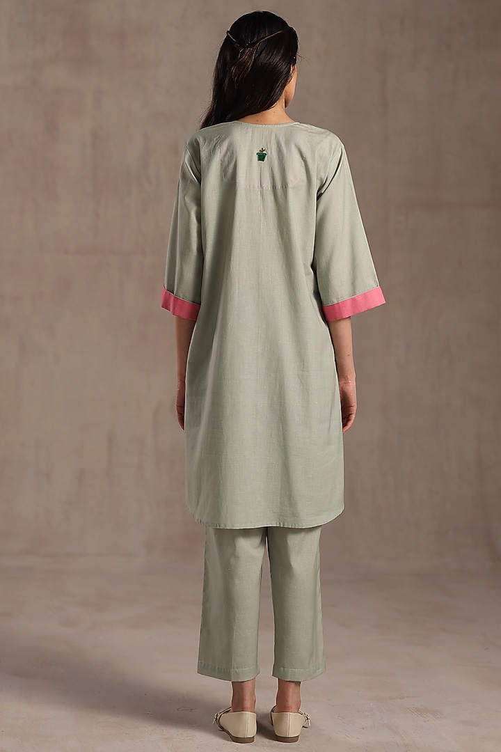 Sage Green Linen Floral Printed Tunic Set by Roza Pret at Pernia's Pop Up Shop