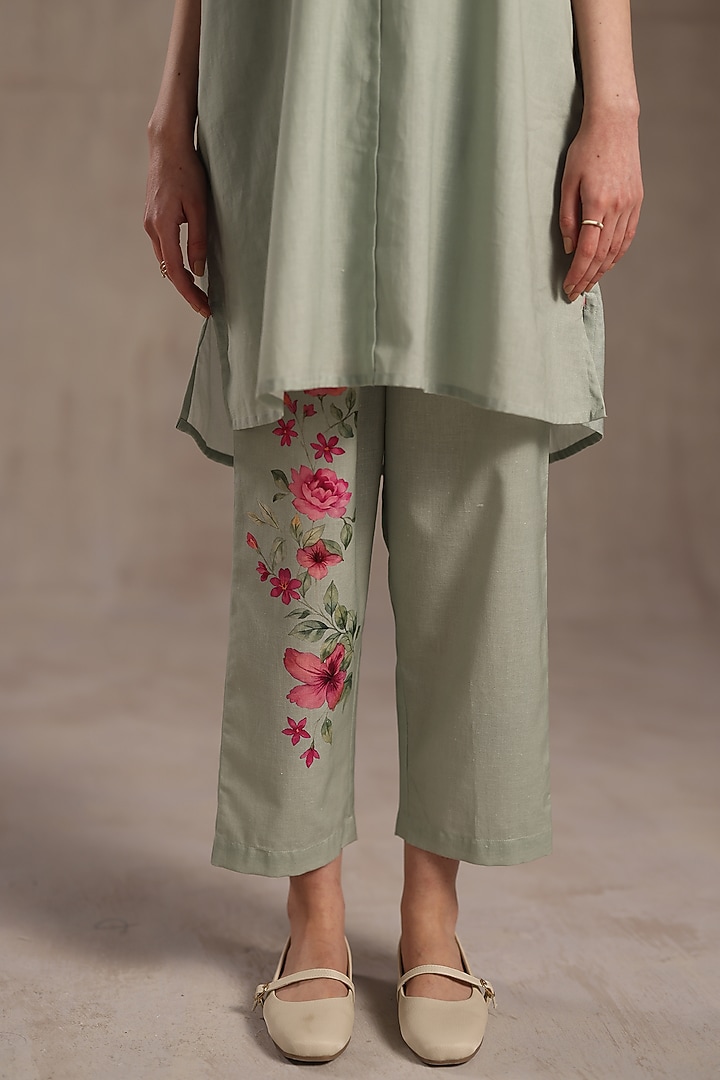 Sage Green Linen Floral Printed Tunic Set by Roza Pret at Pernia's Pop Up Shop