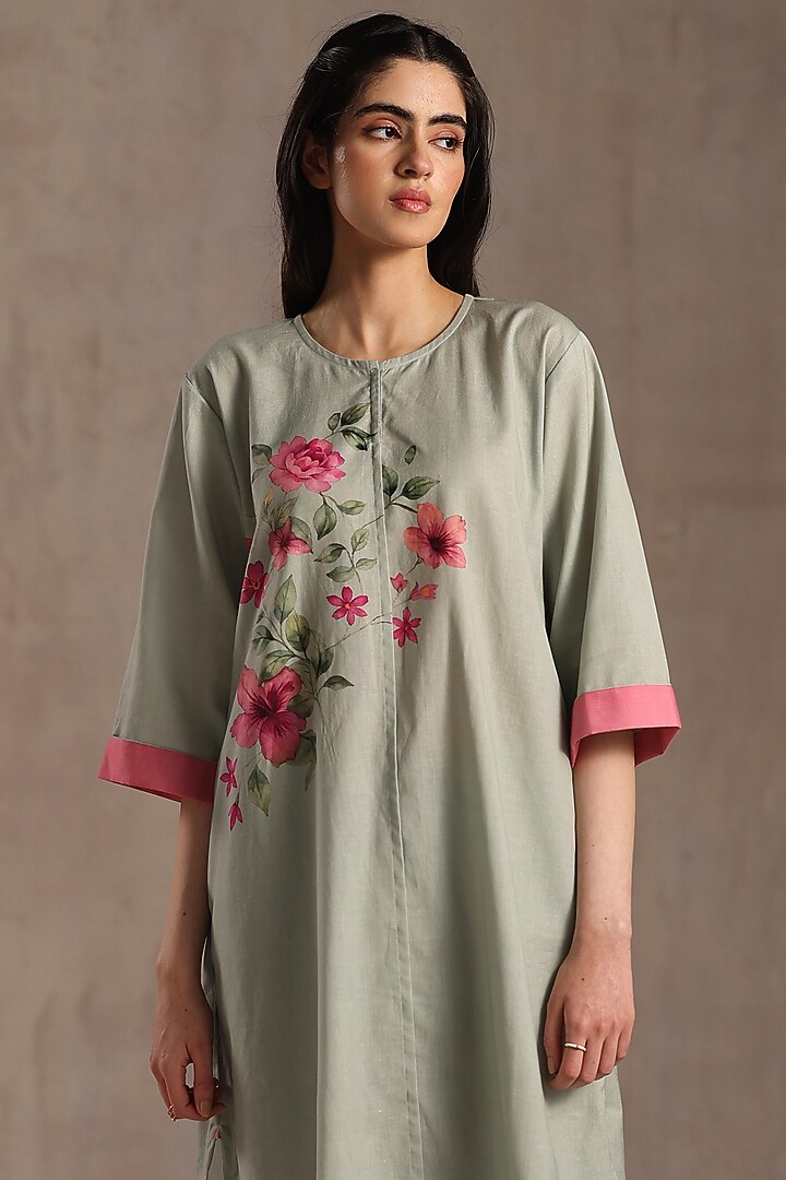 Sage Green Linen Floral Printed Tunic Set by Roza Pret at Pernia's Pop Up Shop