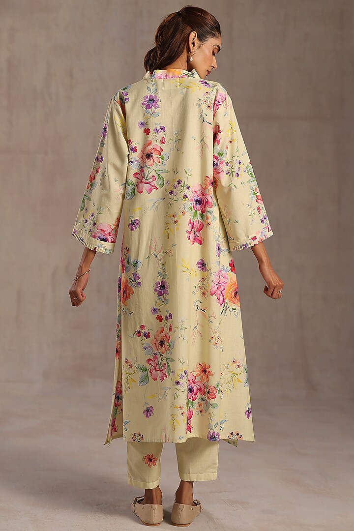 Pastel Yellow Linen Floral Printed Kurta Set by Roza Pret at Pernia's Pop Up Shop