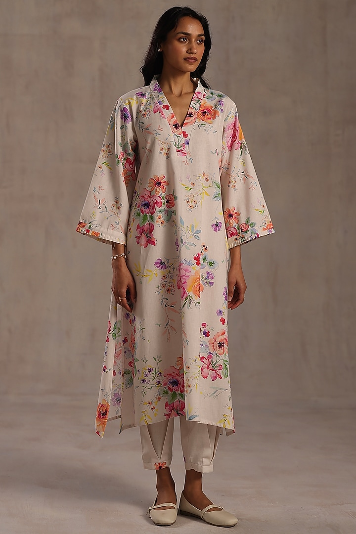 Ivory Linen Floral Printed Kurta Set by Roza Pret at Pernia's Pop Up Shop