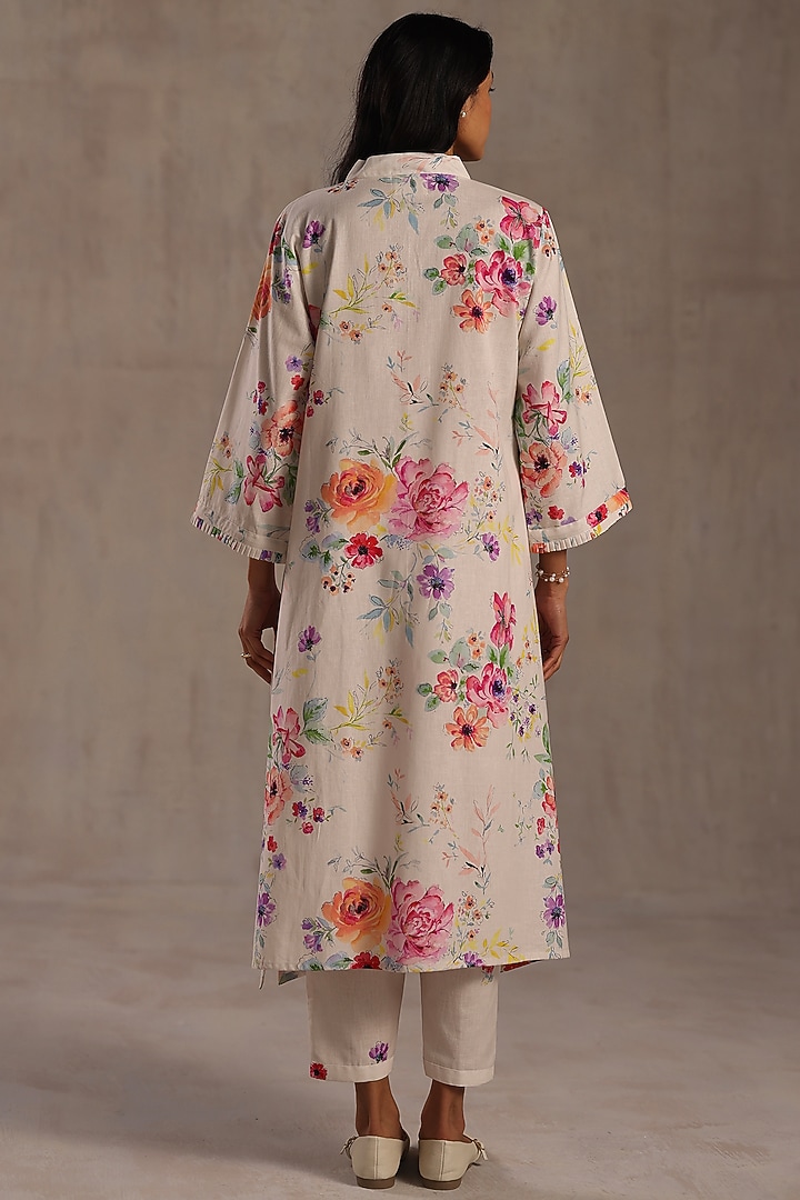 Ivory Linen Floral Printed Kurta Set by Roza Pret at Pernia's Pop Up Shop