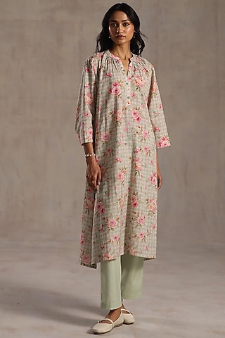 Multi-Colored Linen Floral Printed Kurta Set by Roza Pret