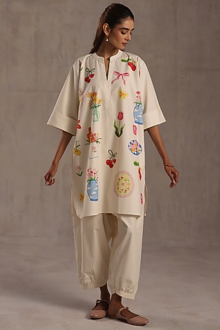 Ivory Linen Printed Tunic Set by Roza Pret