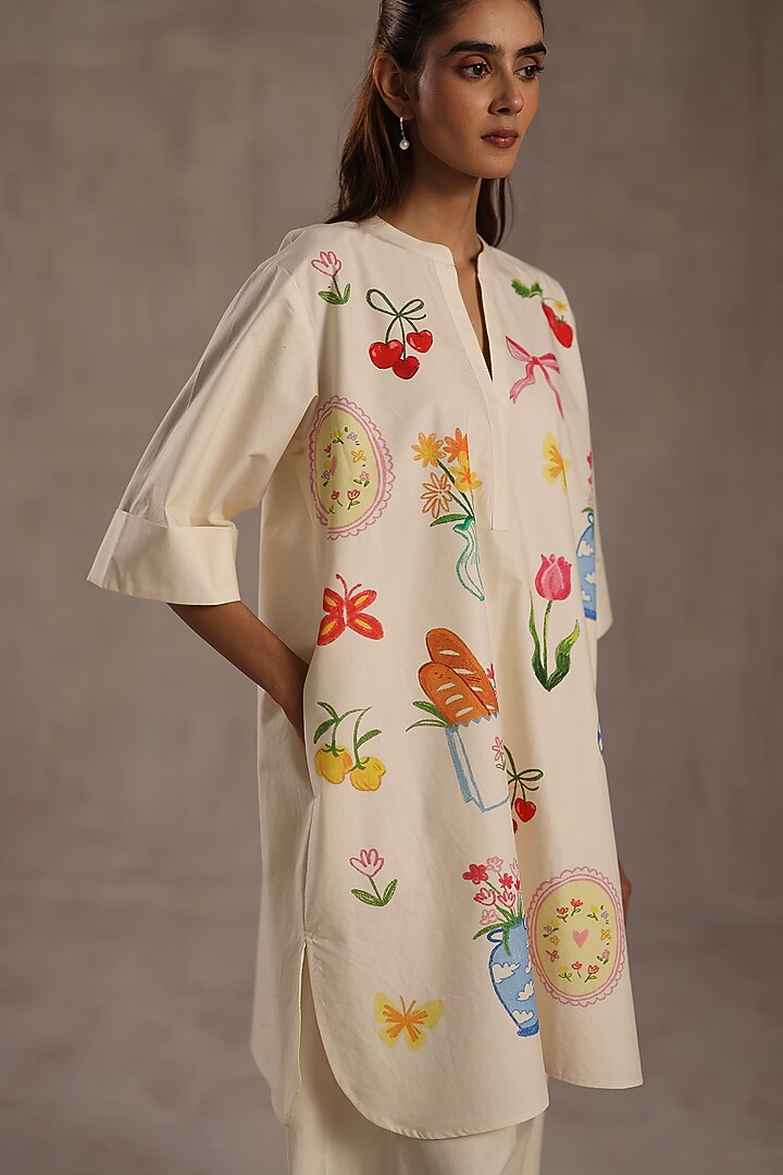 Ivory Linen Printed Tunic Set by Roza Pret at Pernia's Pop Up Shop
