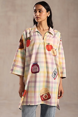 Multi-Colored Poplin Checkered Printed Tunic by Roza Pret