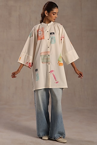 Ivory Poplin Printed Tunic by Roza Pret