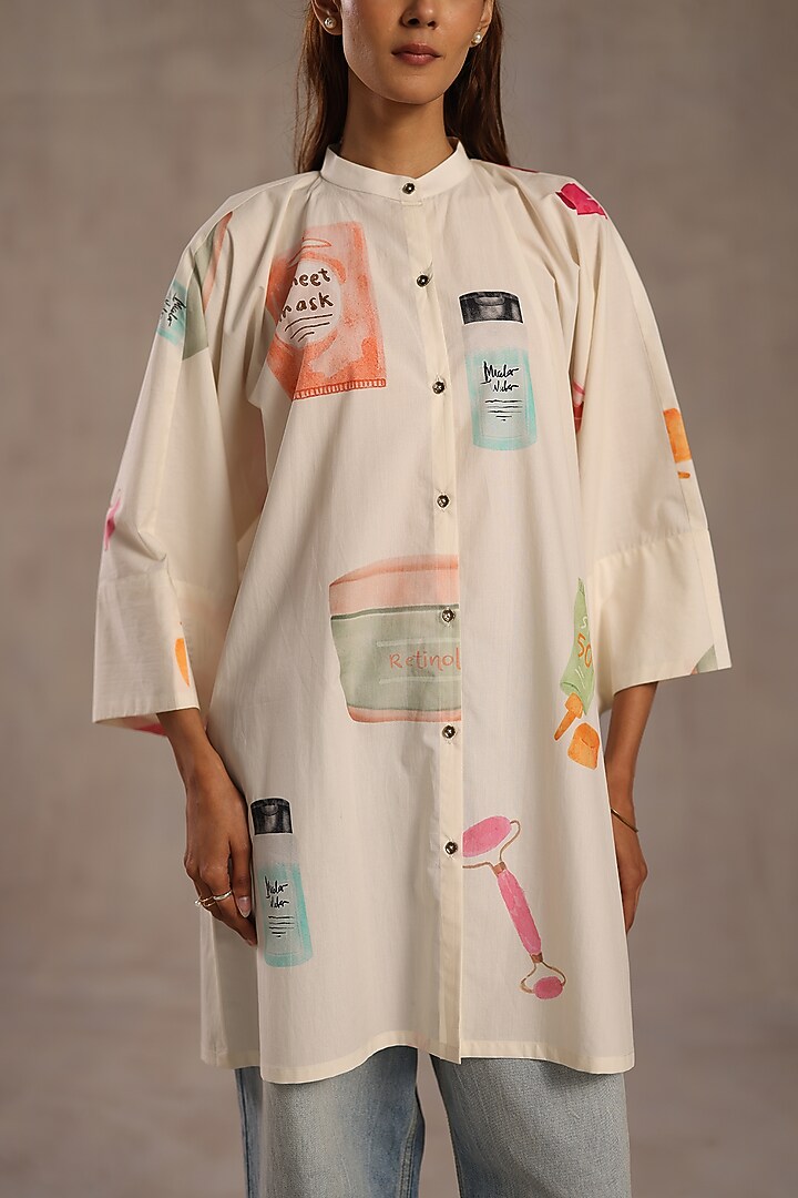 Ivory Poplin Printed Tunic by Roza Pret at Pernia's Pop Up Shop