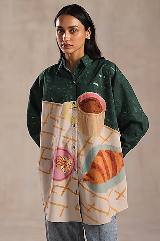 Multi-Colored Poplin Printed Paneled Shirt by Roza Pret