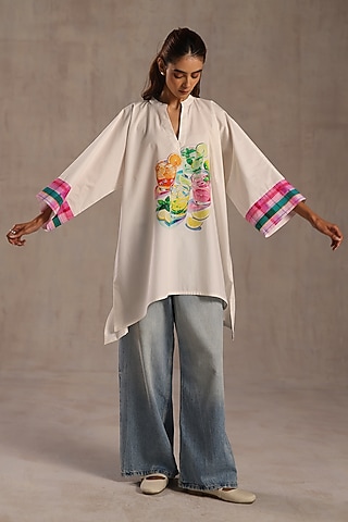 Ivory Poplin Printed Tunic by Roza Pret
