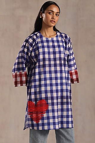Multi-Colored Poplin Checkered Printed Tunic by Roza Pret
