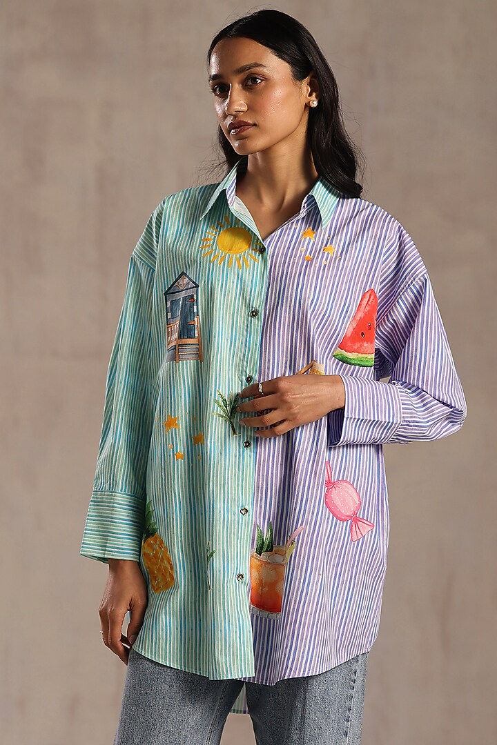 Multi-Colored Poplin Stripe Printed Shirt by Roza Pret at Pernia's Pop Up Shop