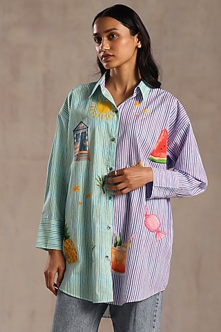 Multi-Colored Poplin Stripe Printed Shirt by Roza Pret