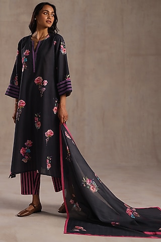 Charcoal Blue Chanderi Floral Printed Stole by Roza Pret