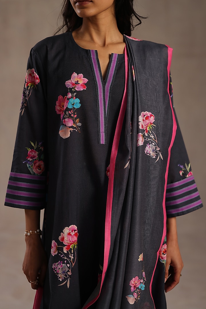 Charcoal Blue Chanderi Floral Printed Stole by Roza Pret at Pernia's Pop Up Shop