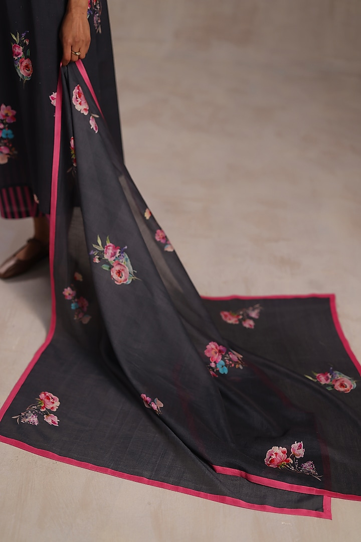 Charcoal Blue Chanderi Floral Printed Stole by Roza Pret at Pernia's Pop Up Shop