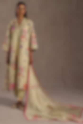 Pastel Yellow Chanderi Floral Printed Stole by Roza Pret at Pernia's Pop Up Shop