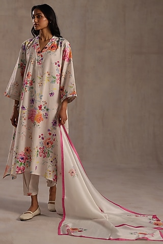 Ivory Chanderi Floral Printed Stole by Roza Pret