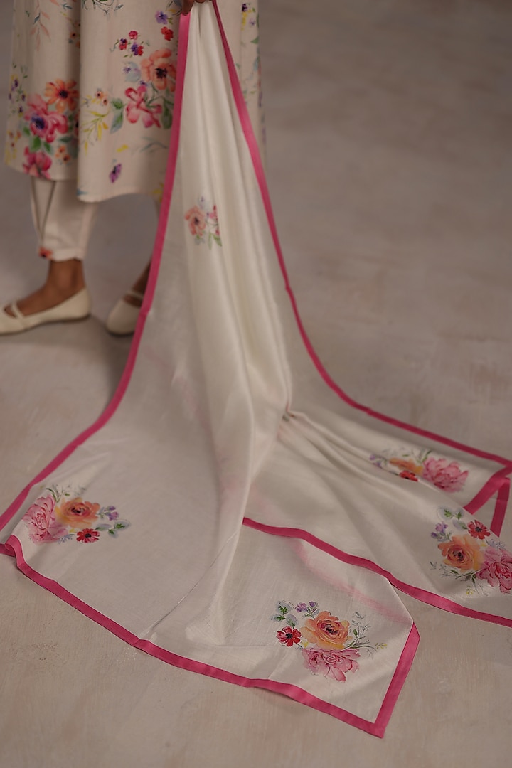 Ivory Chanderi Floral Printed Stole by Roza Pret at Pernia's Pop Up Shop