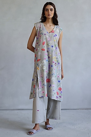 Grey Linen Floral Motif Tunic by Roza Pret