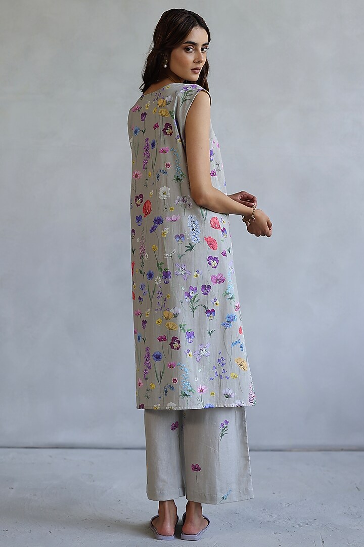 Grey Linen Floral Motif Tunic by Roza Pret at Pernia's Pop Up Shop