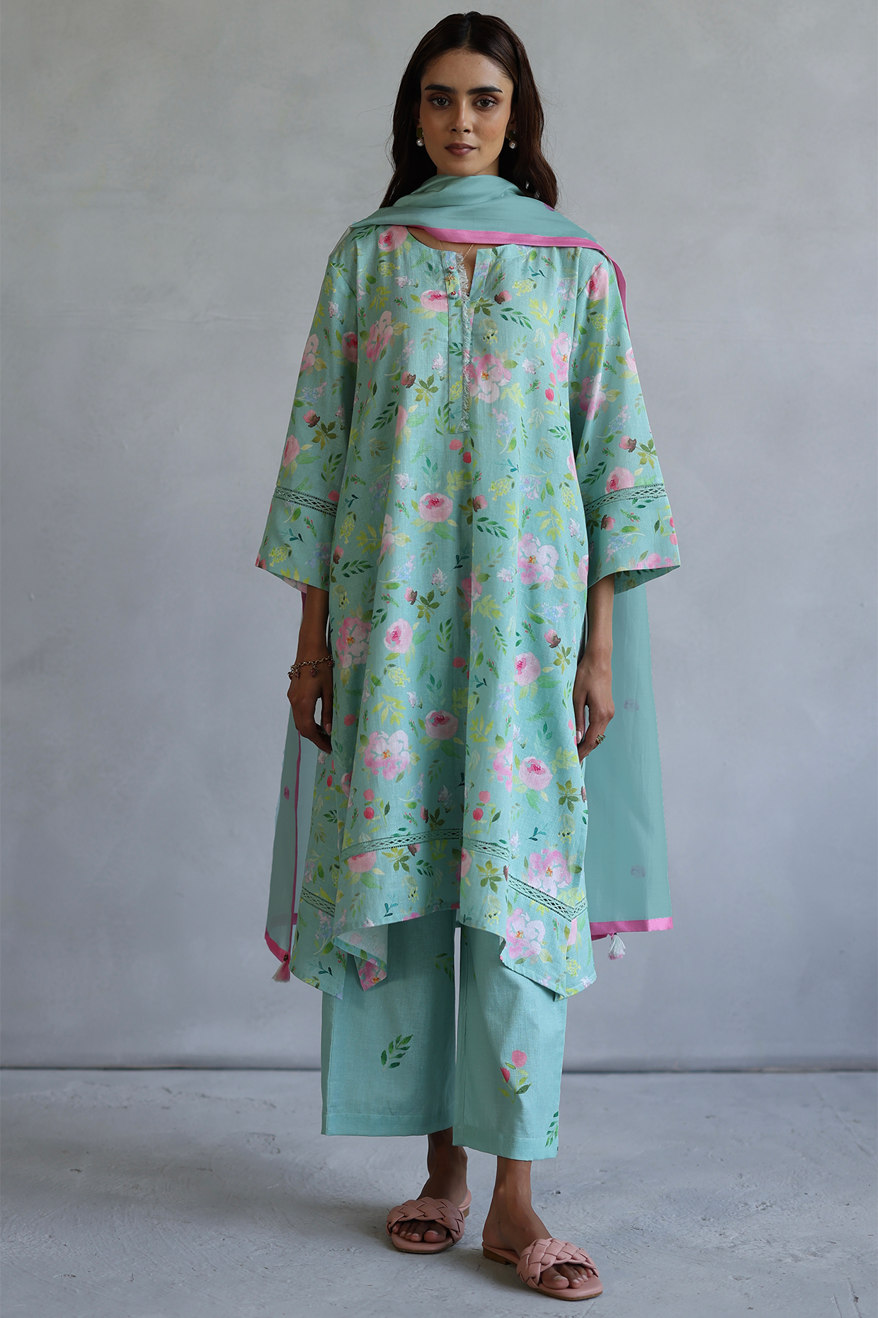 Aqua Linen Hand Painted Kurta Set by Roza Pret at Pernia's Pop Up Shop