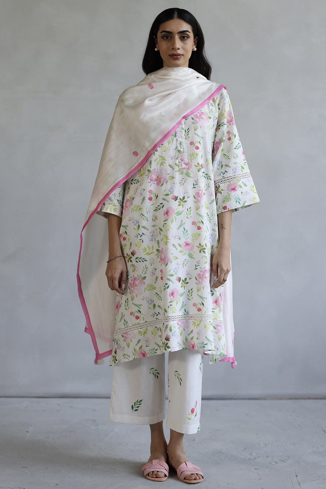 Ivory Linen Hand Painted Kurta Set by Roza Pret at Pernia's Pop Up Shop