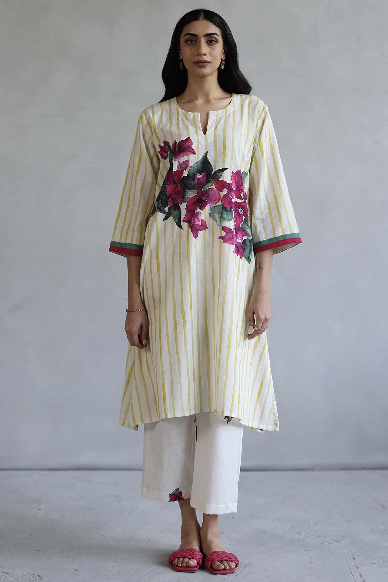 Lemon Yellow & White Linen Striped Kurta Set by Roza Pret at Pernia's Pop Up Shop