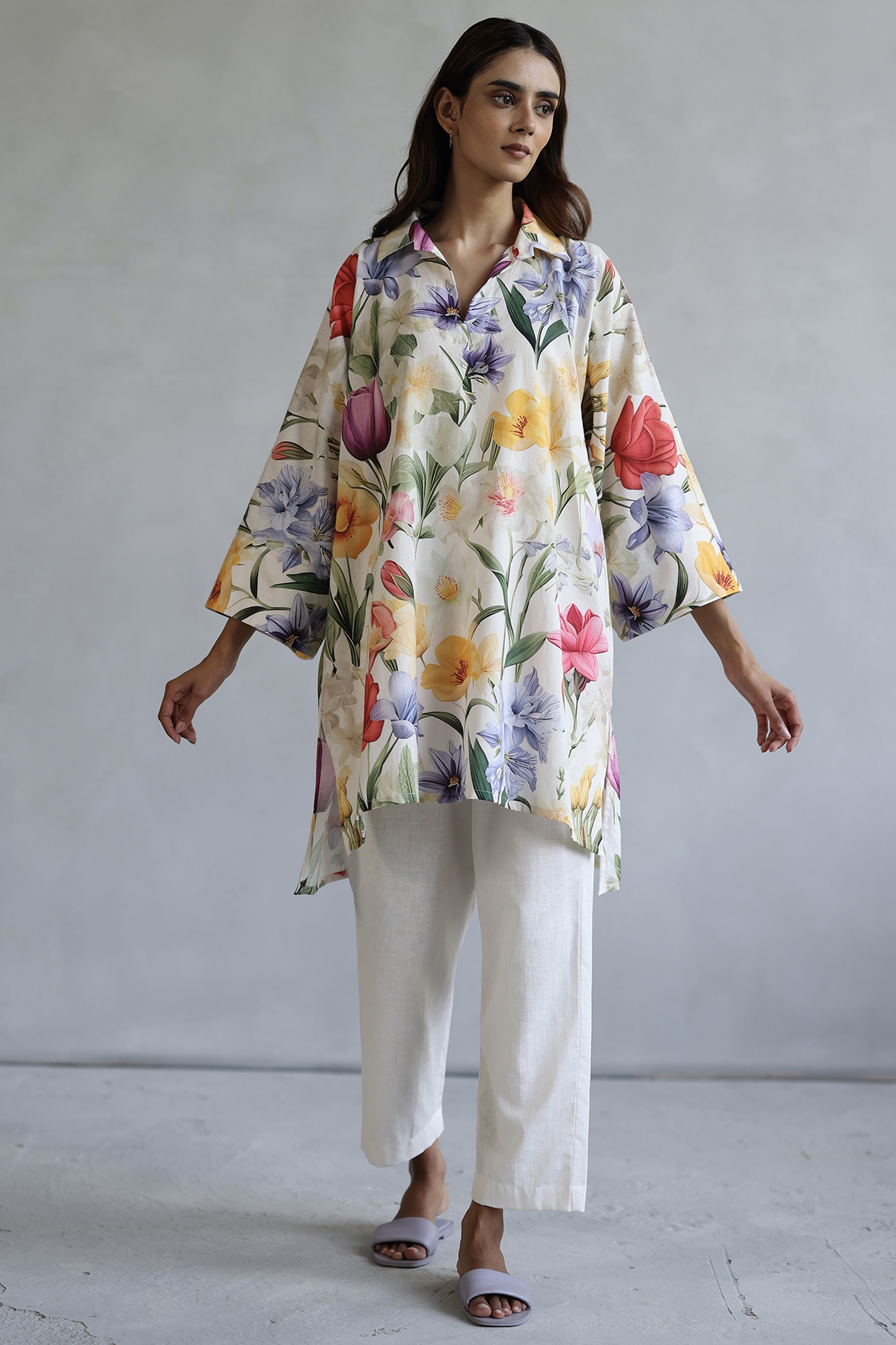 Multi-Colored Linen Floral Kaftan by Roza Pret at Pernia's Pop Up Shop