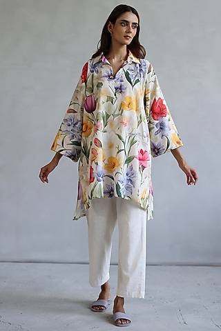 Multi-Colored Linen Floral Kaftan by Roza Pret