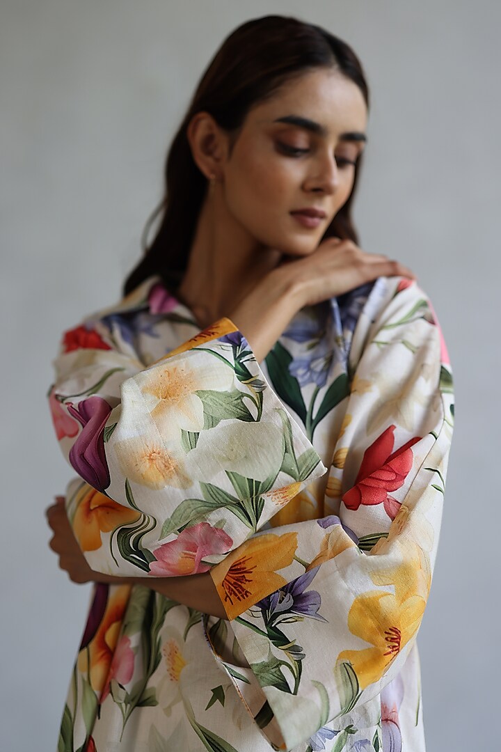 Multi-Colored Linen Floral Kaftan by Roza Pret at Pernia's Pop Up Shop