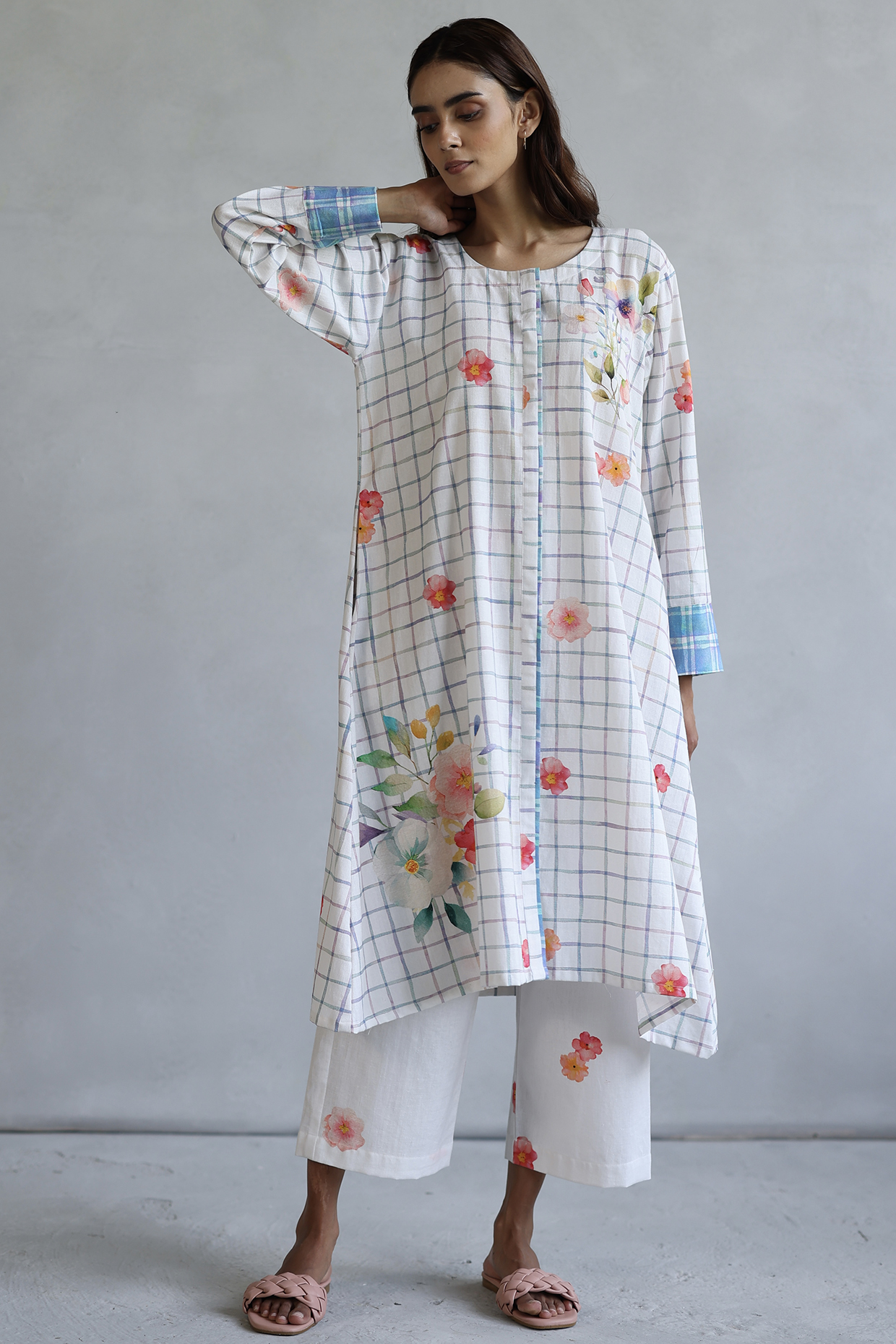 White & Blue Linen Checkered Hand Painted Kurta Set by Roza Pret at Pernia's Pop Up Shop
