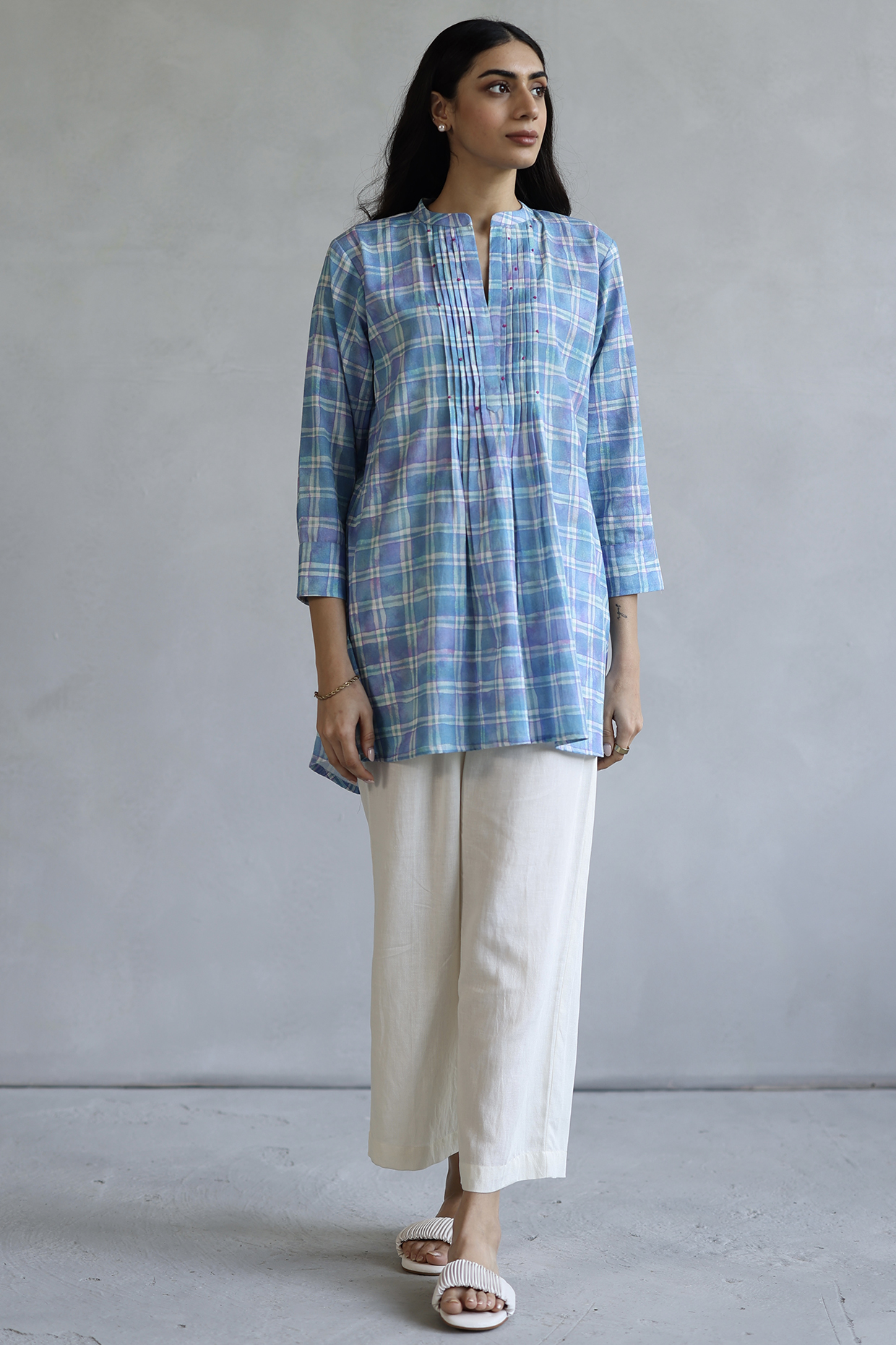 Blue Linen Checkered Printed Tunic by Roza Pret at Pernia's Pop Up Shop