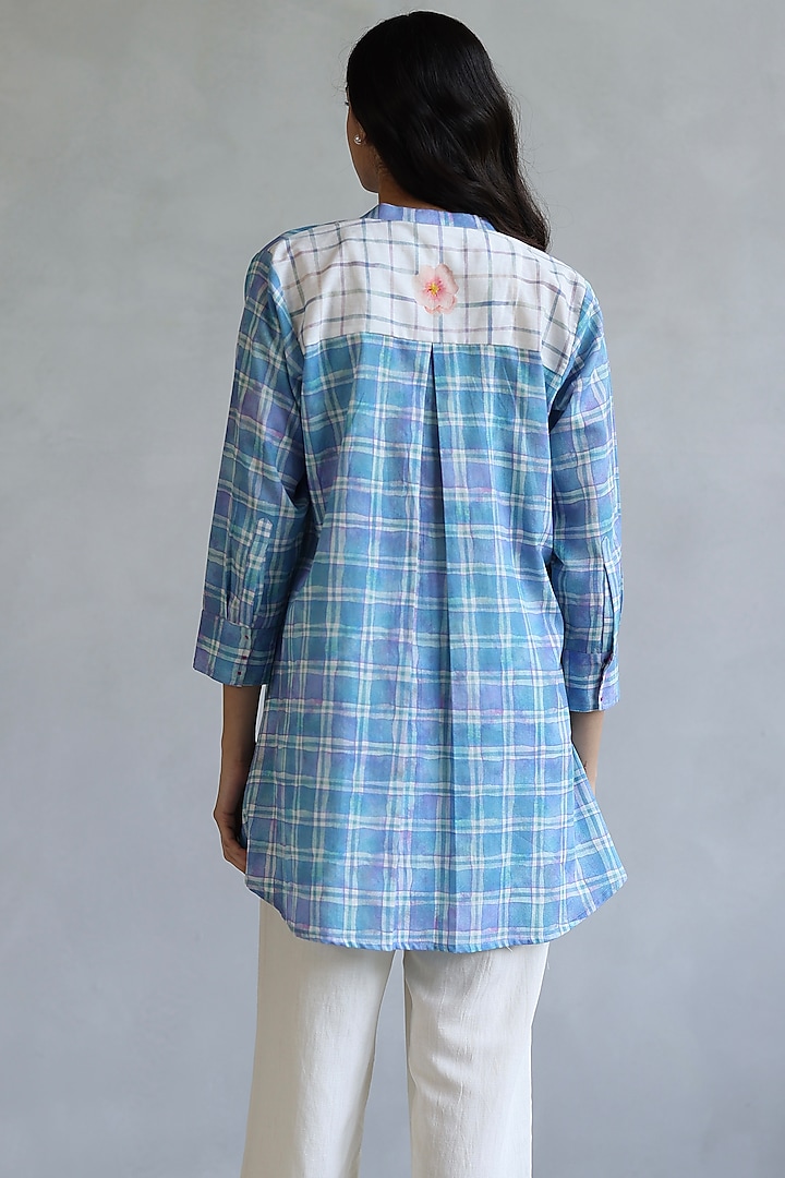 Blue Linen Checkered Printed Tunic by Roza Pret at Pernia's Pop Up Shop