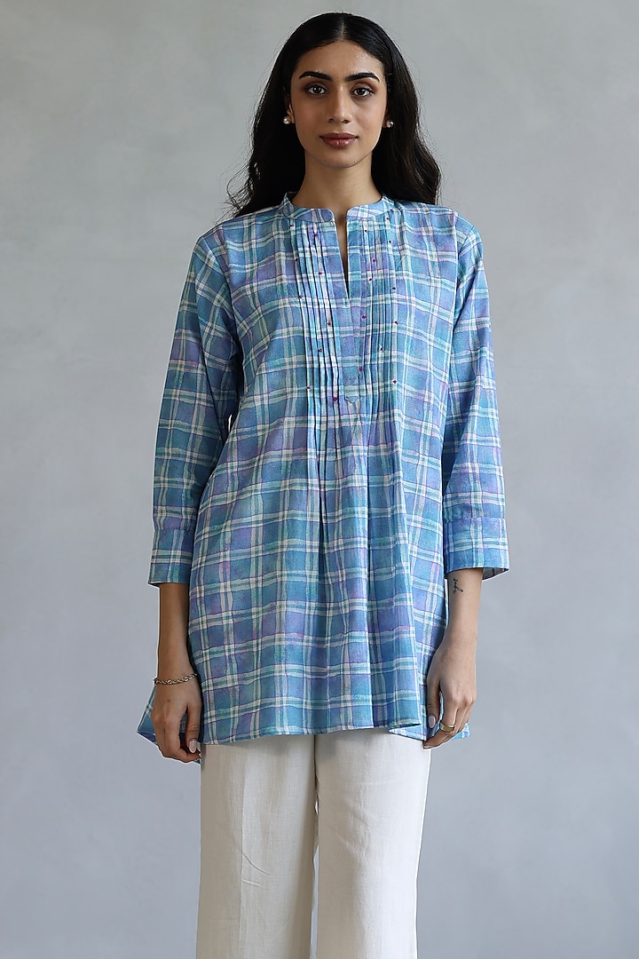 Blue Linen Checkered Printed Tunic by Roza Pret at Pernia's Pop Up Shop