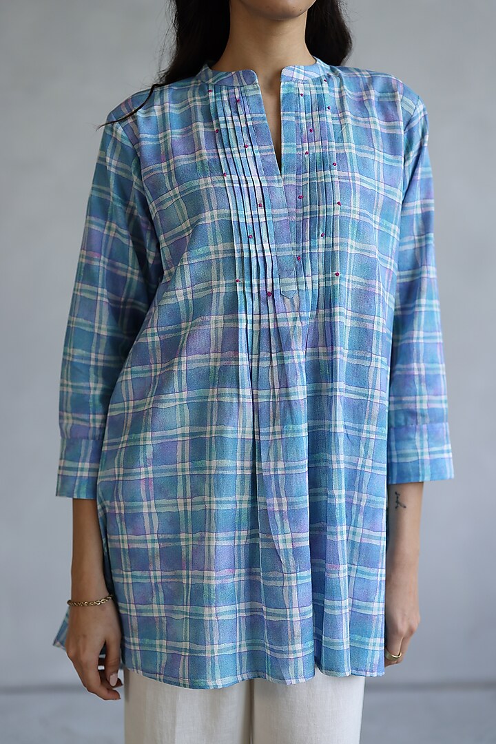 Blue Linen Checkered Printed Tunic by Roza Pret at Pernia's Pop Up Shop