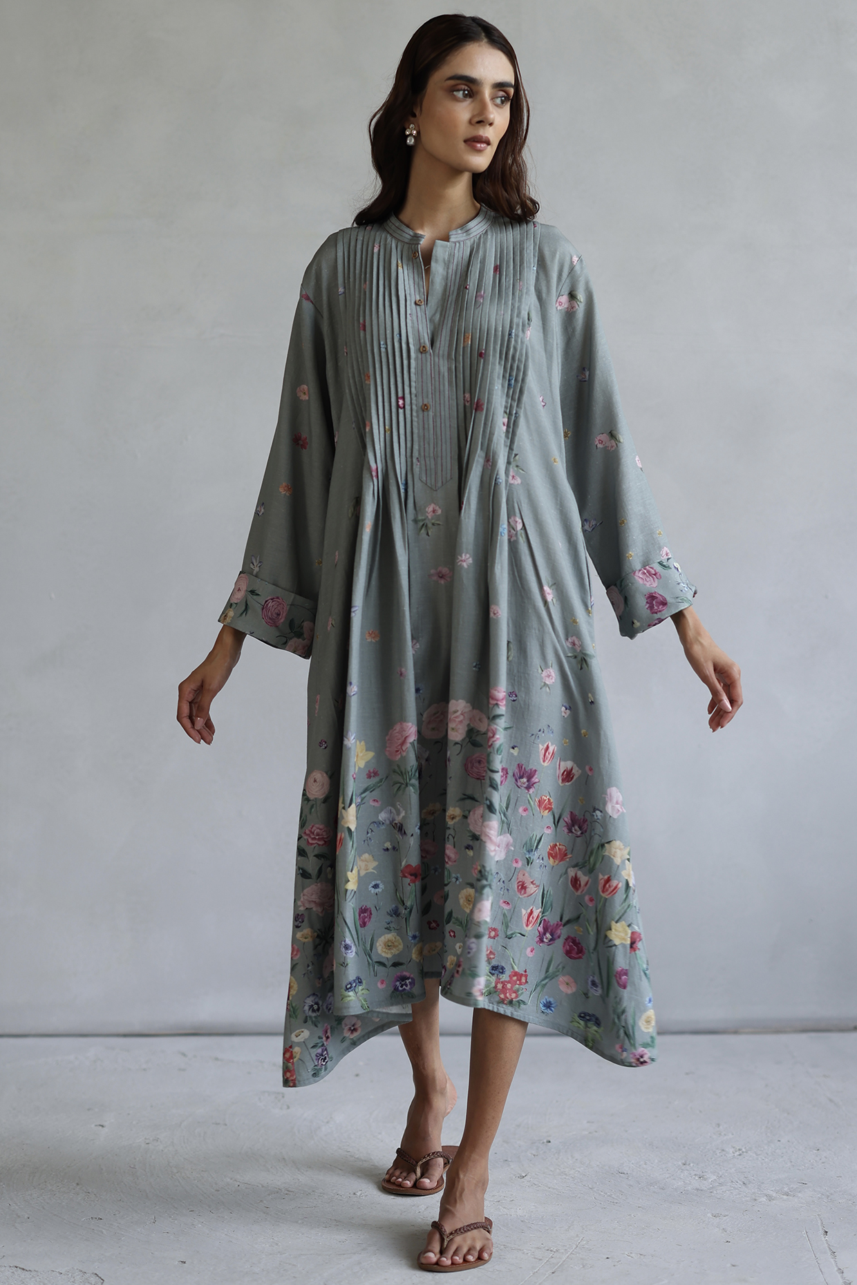 Greyish Green Linen Floral Midi Summer Dress by Roza Pret at Pernia's Pop Up Shop
