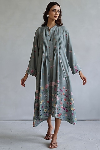 Greyish Green Linen Floral Midi Dress by Roza Pret