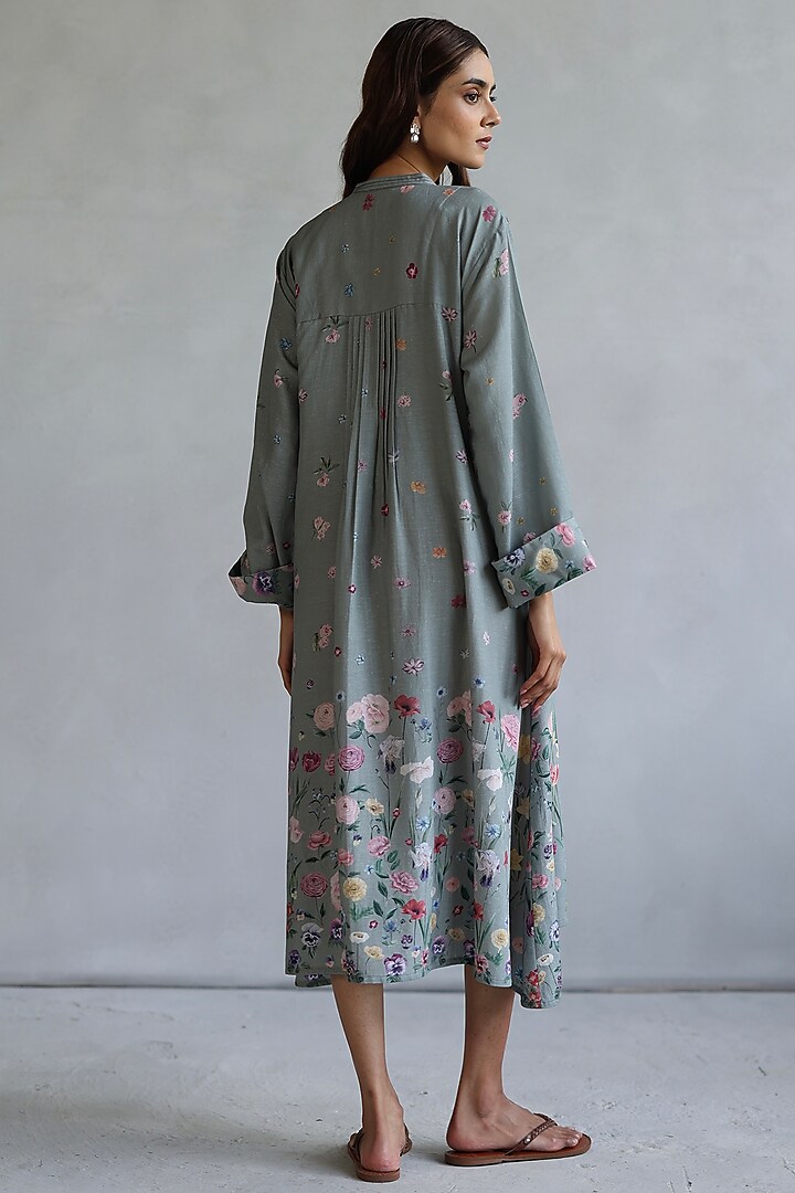 Greyish Green Linen Floral Midi Summer Dress by Roza Pret at Pernia's Pop Up Shop