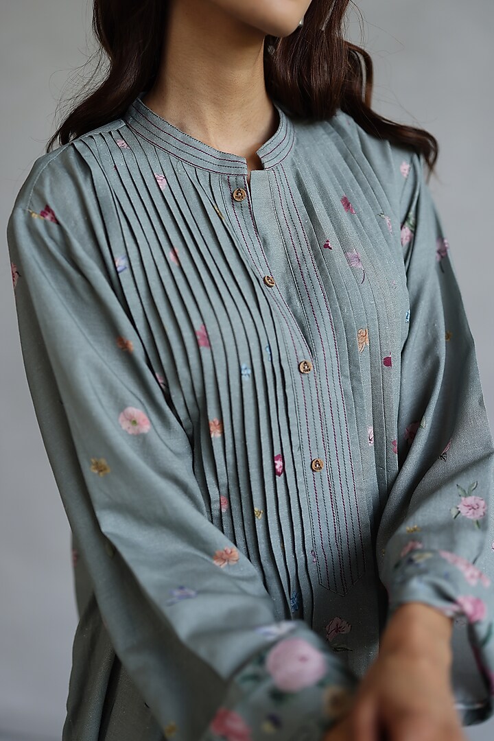 Greyish Green Linen Floral Midi Summer Dress by Roza Pret at Pernia's Pop Up Shop